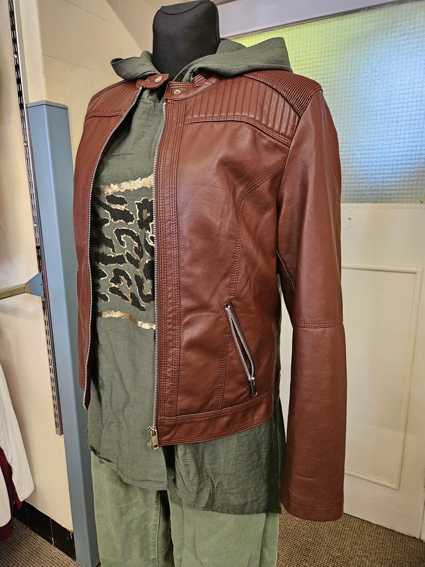 Facinelli, coffee, pu leather jacket, size M/L