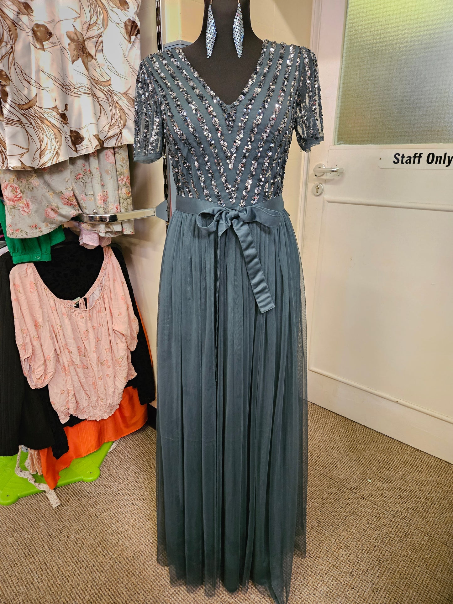 Maya Dusty Teal V Neck Sequin and Tulle Dress with Tie Waist, size 8