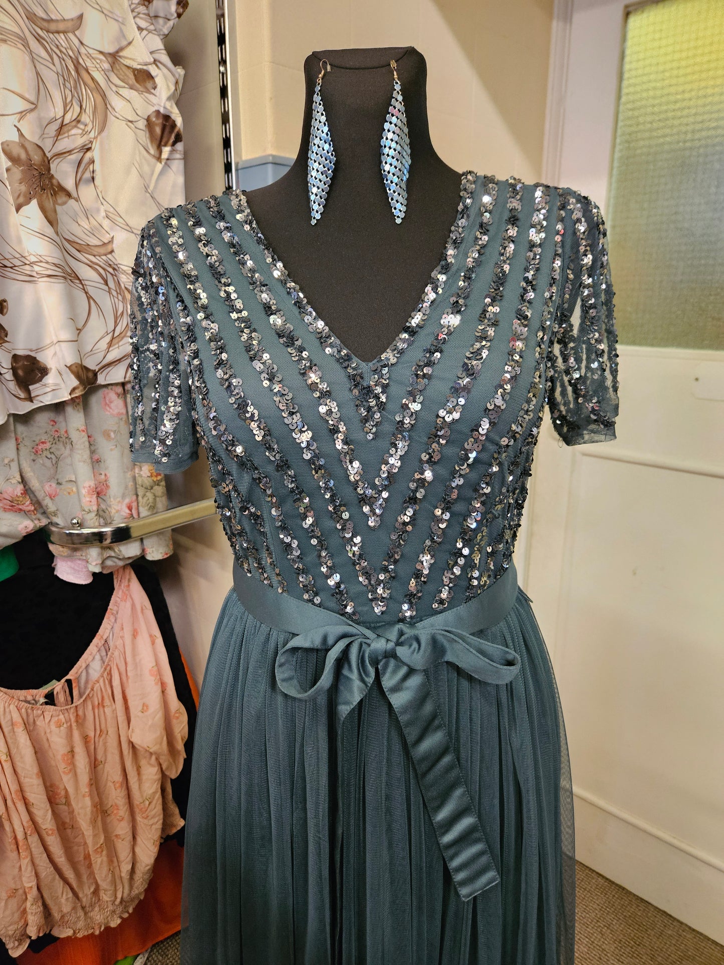 Maya Dusty Teal V Neck Sequin and Tulle Dress with Tie Waist, size 8