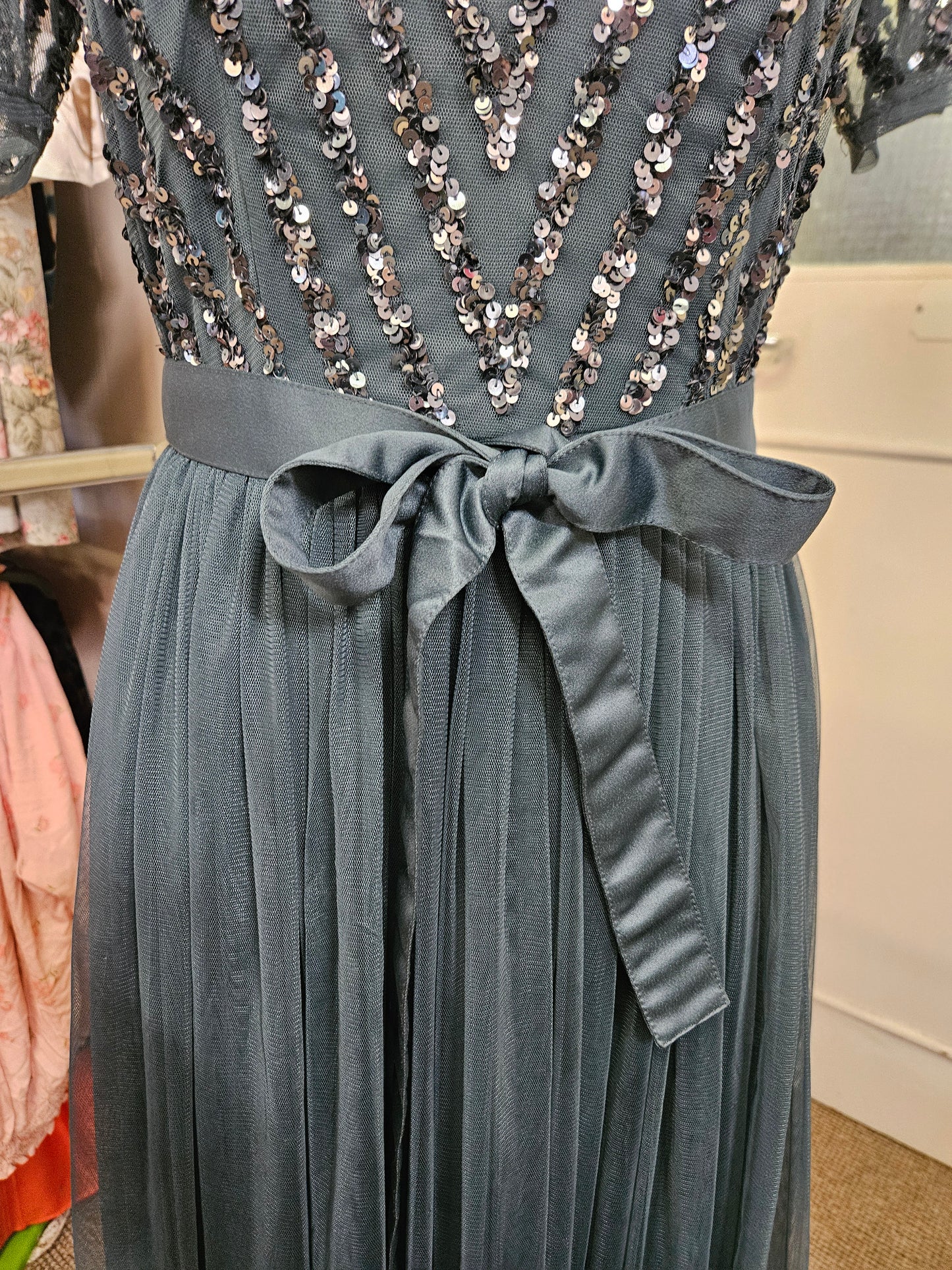 Maya Dusty Teal V Neck Sequin and Tulle Dress with Tie Waist, size 8