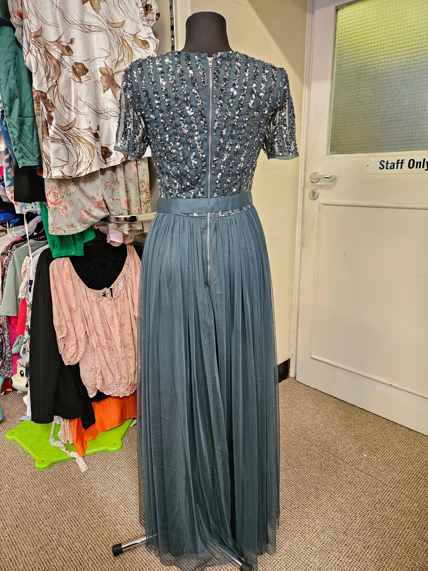 Maya Dusty Teal V Neck Sequin and Tulle Dress with Tie Waist, size 8