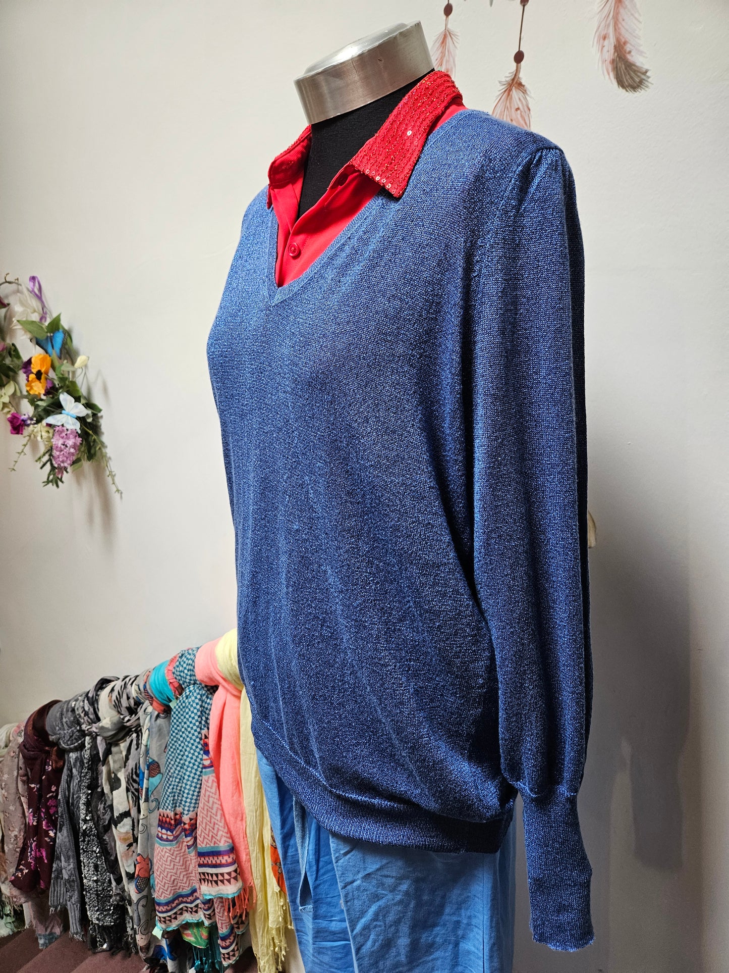 Freequent, blue glittery thread jumper, 75% viscose, size XL (small fitting)