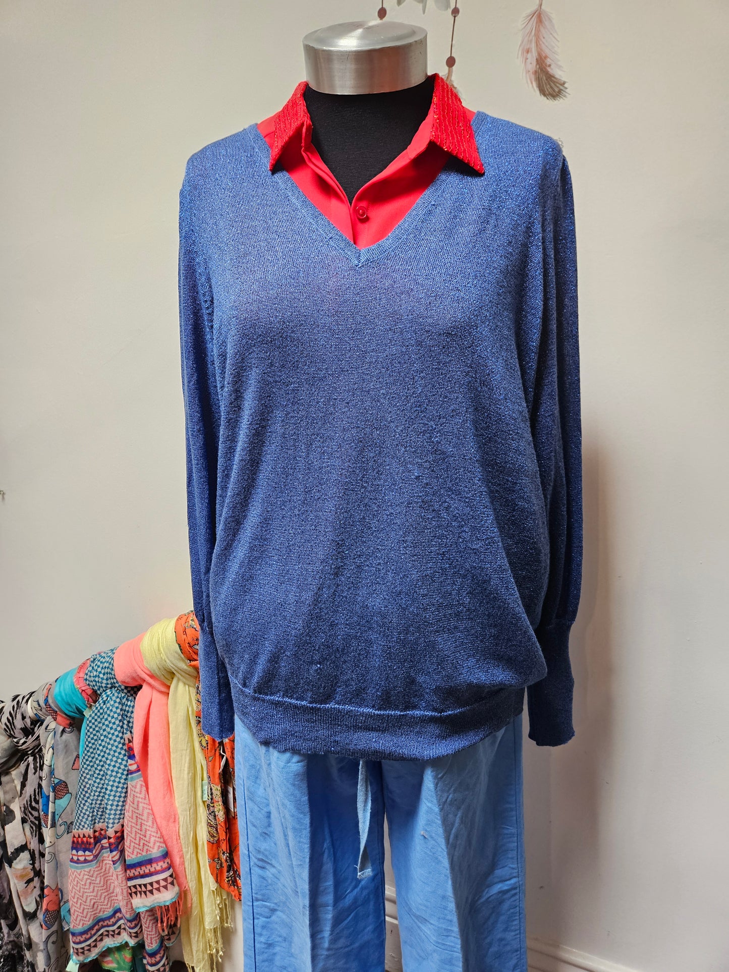 Freequent, blue glittery thread jumper, 75% viscose, size XL (small fitting)