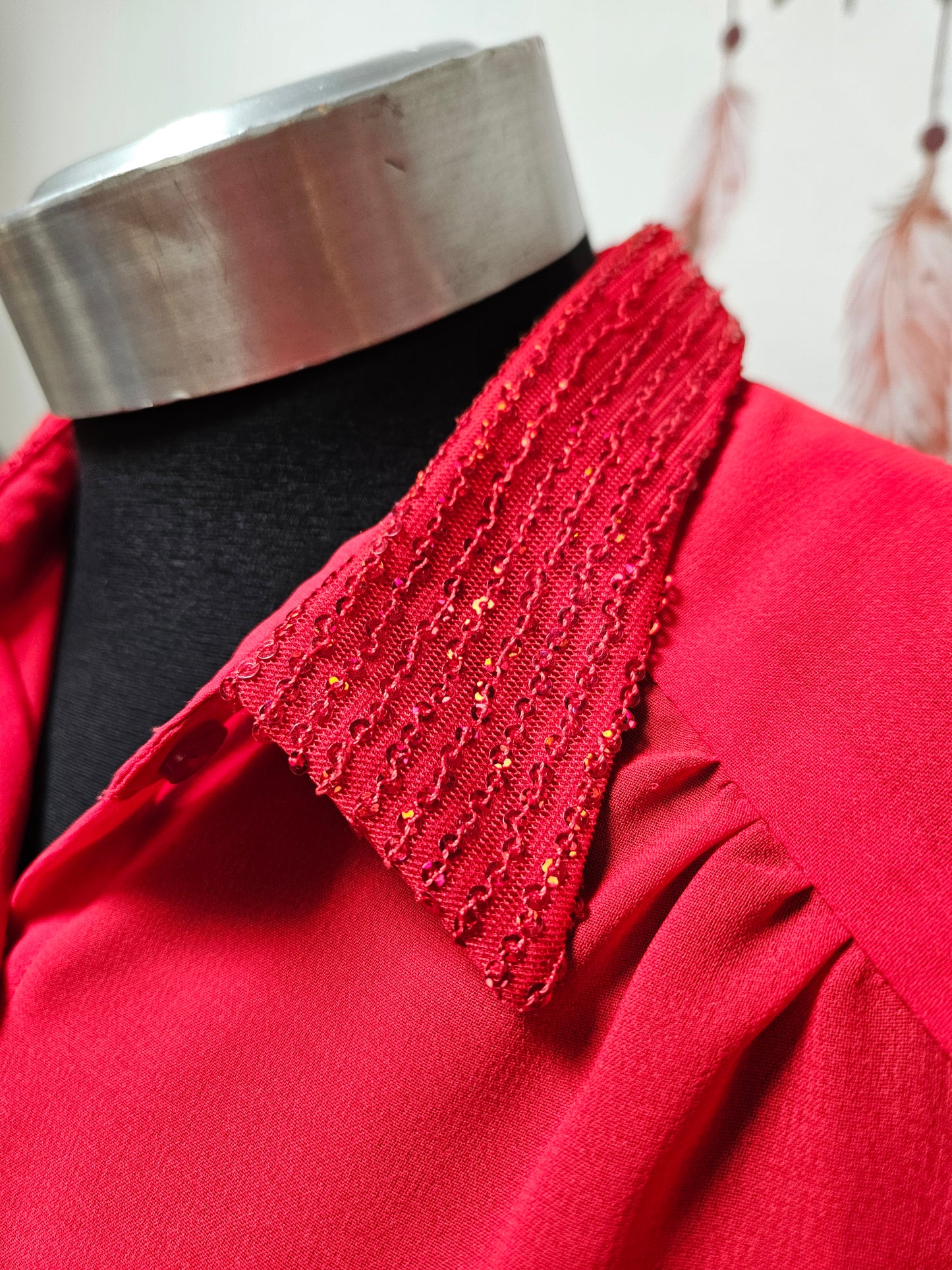 Vero Moda, red blouse, sequin collar/cuffs, size XS