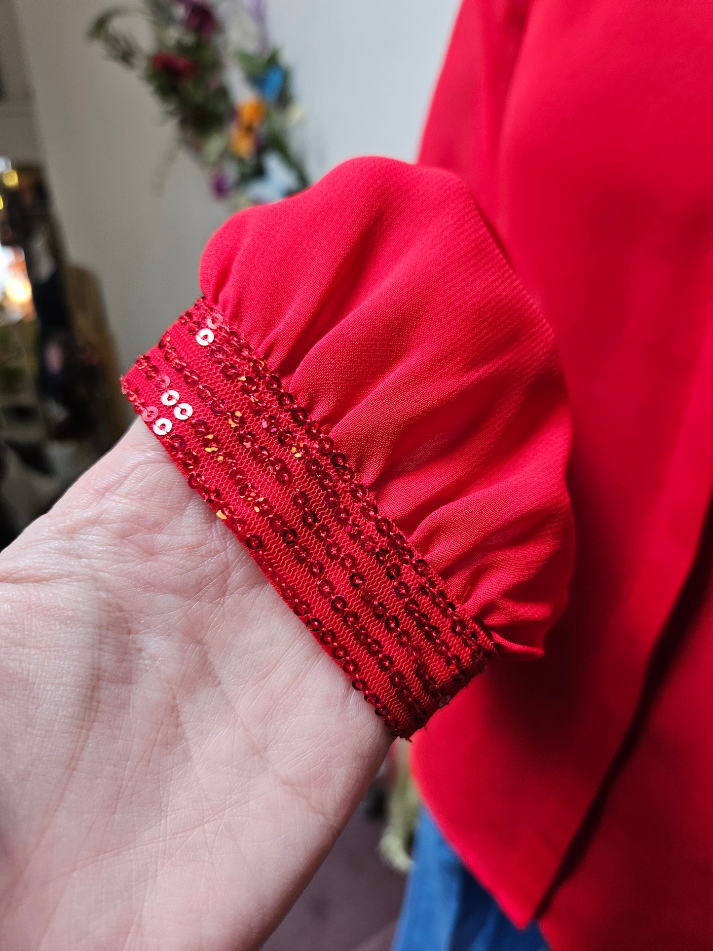 Vero Moda, red blouse, sequin collar/cuffs, size XS