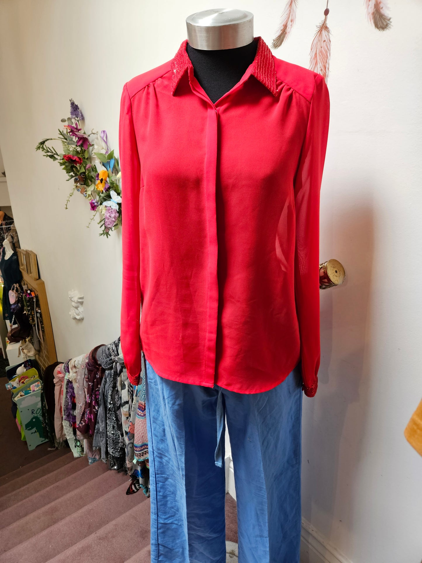 Vero Moda, red blouse, sequin collar/cuffs, size XS