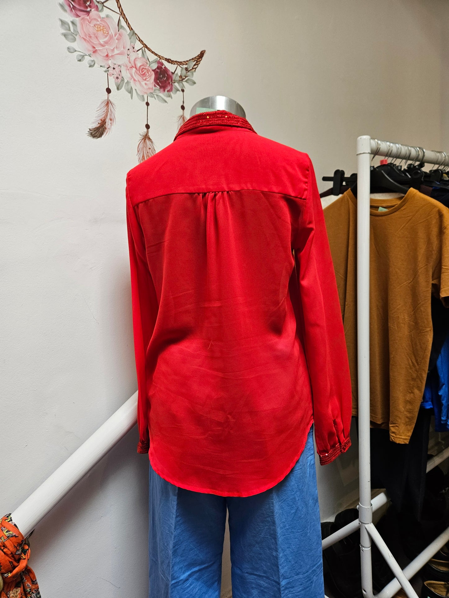 Vero Moda, red blouse, sequin collar/cuffs, size XS
