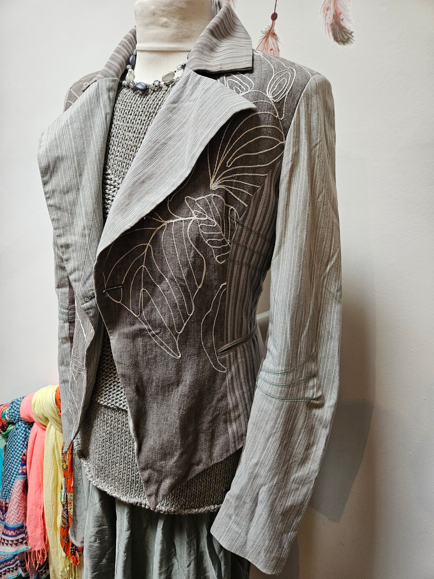 St Martins, Scandinavian dedign, grey jacket with embroidered details, size M