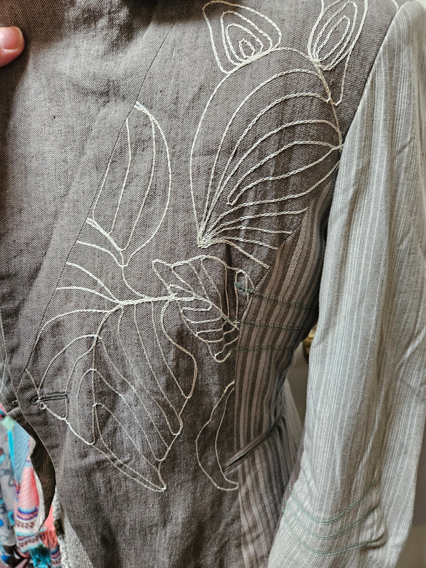 St Martins, Scandinavian dedign, grey jacket with embroidered details, size M