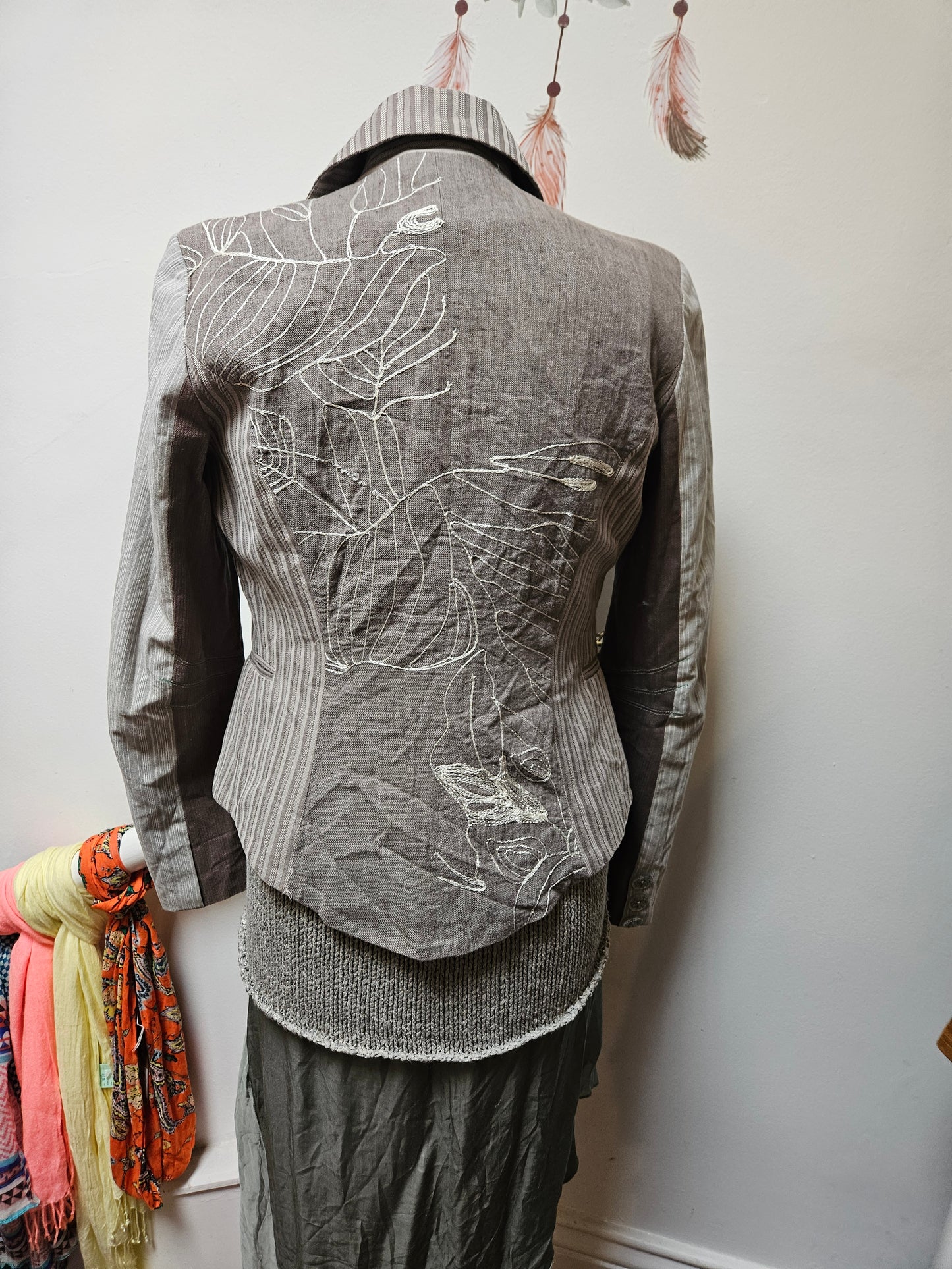 St Martins, Scandinavian dedign, grey jacket with embroidered details, size M