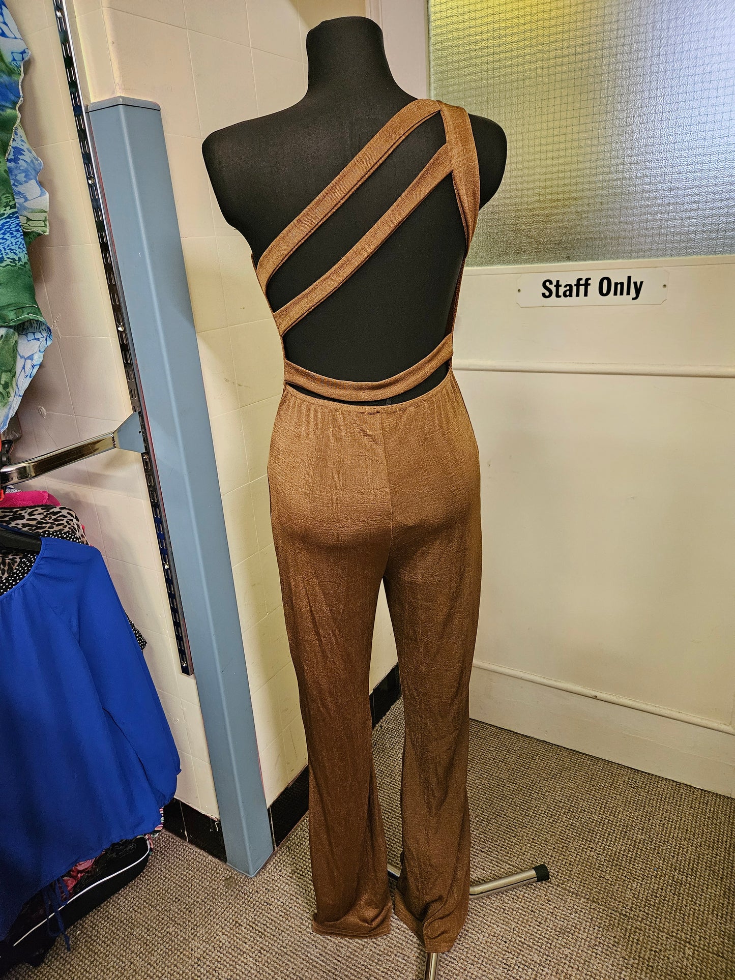 Pretty Little thing, new chocolate, strappy,one shoulder jumpsuit, size 14