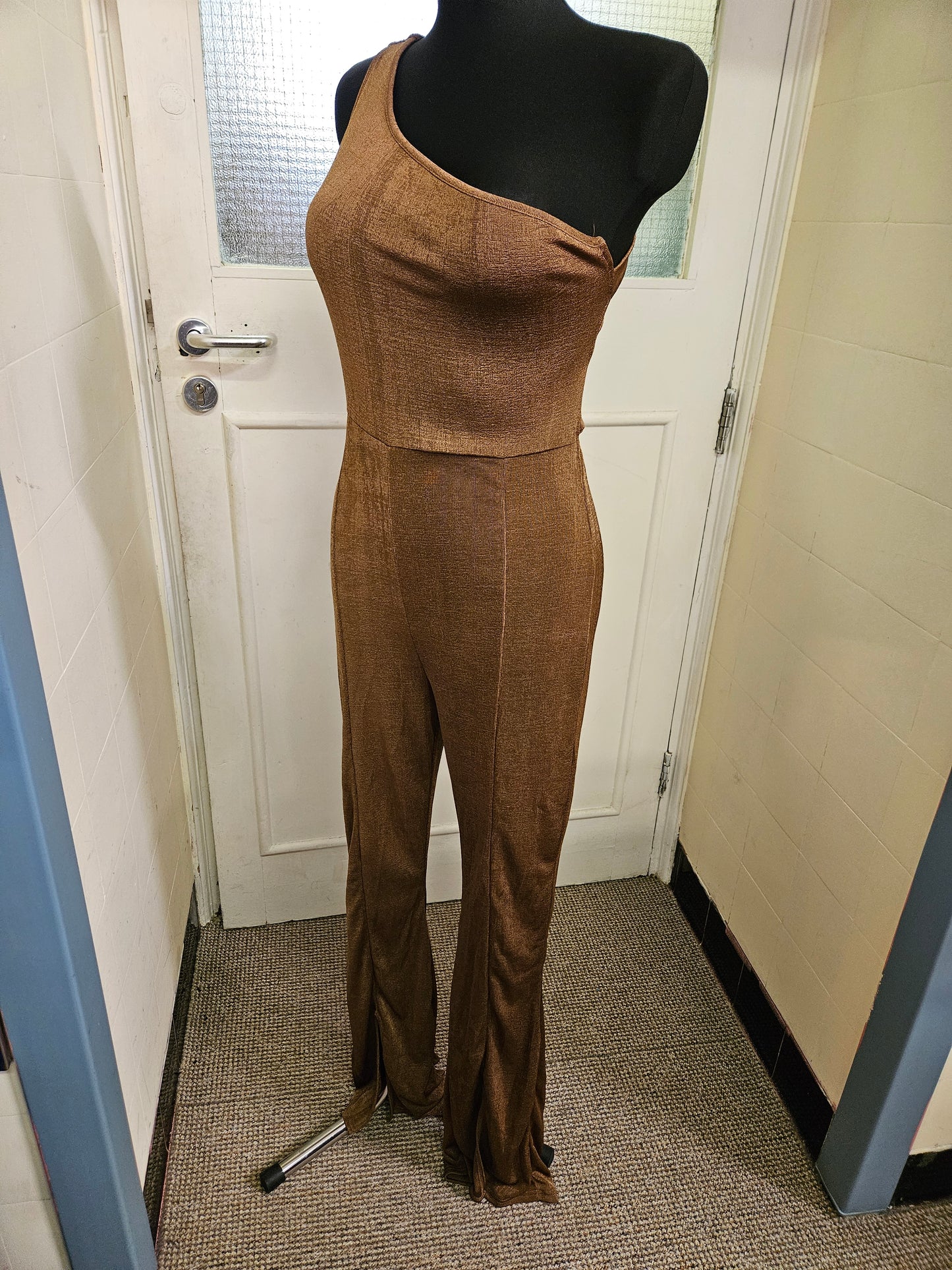 Pretty Little thing, new chocolate, strappy,one shoulder jumpsuit, size 14