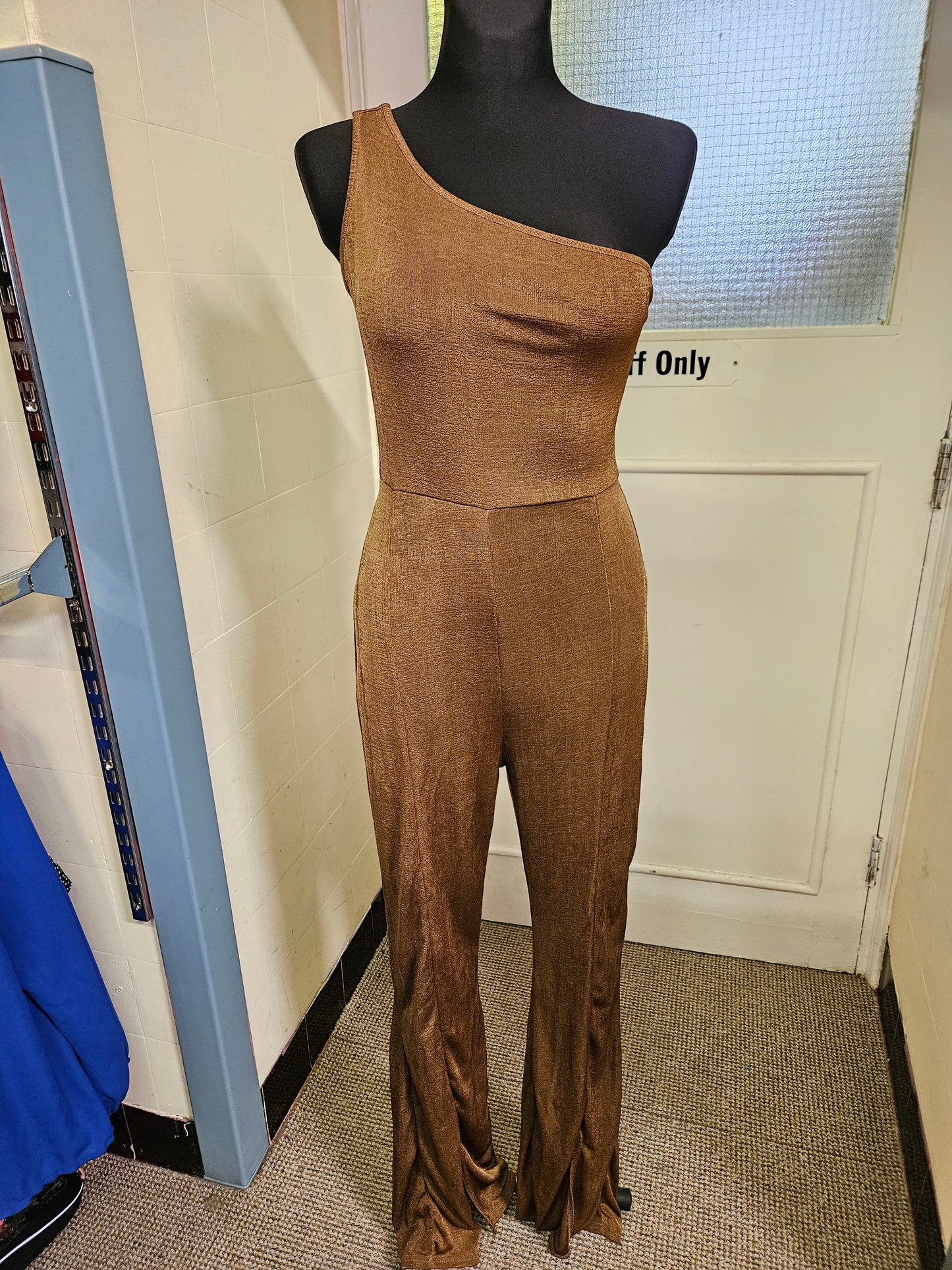 Pretty Little thing, new chocolate, strappy,one shoulder jumpsuit, size 14