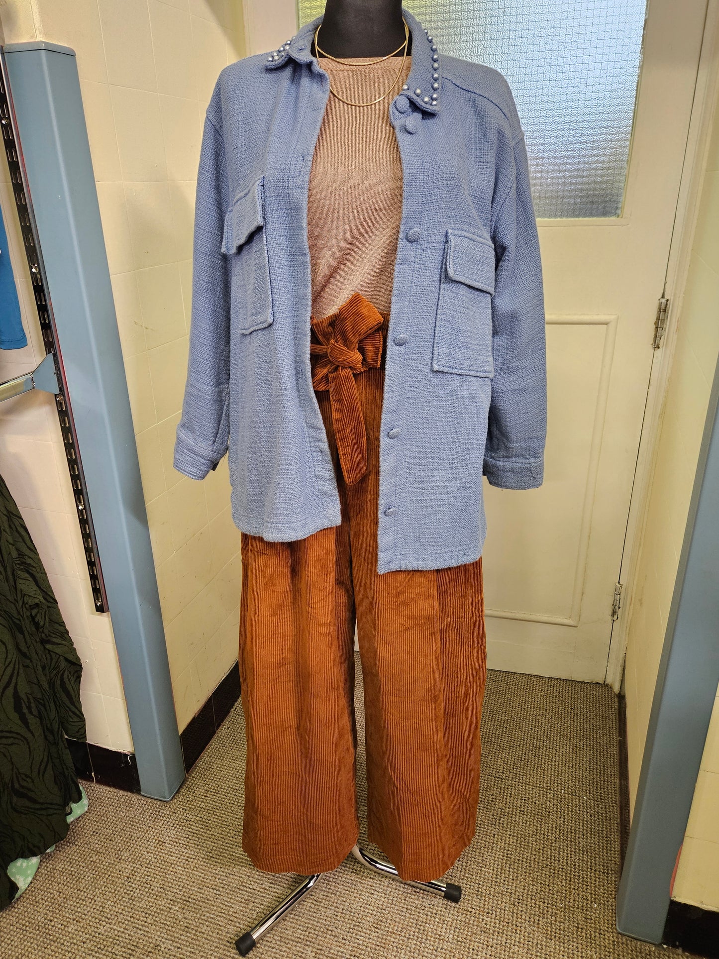 Gallery, 100% cotton, blue jacket with pearls on the collar, size M