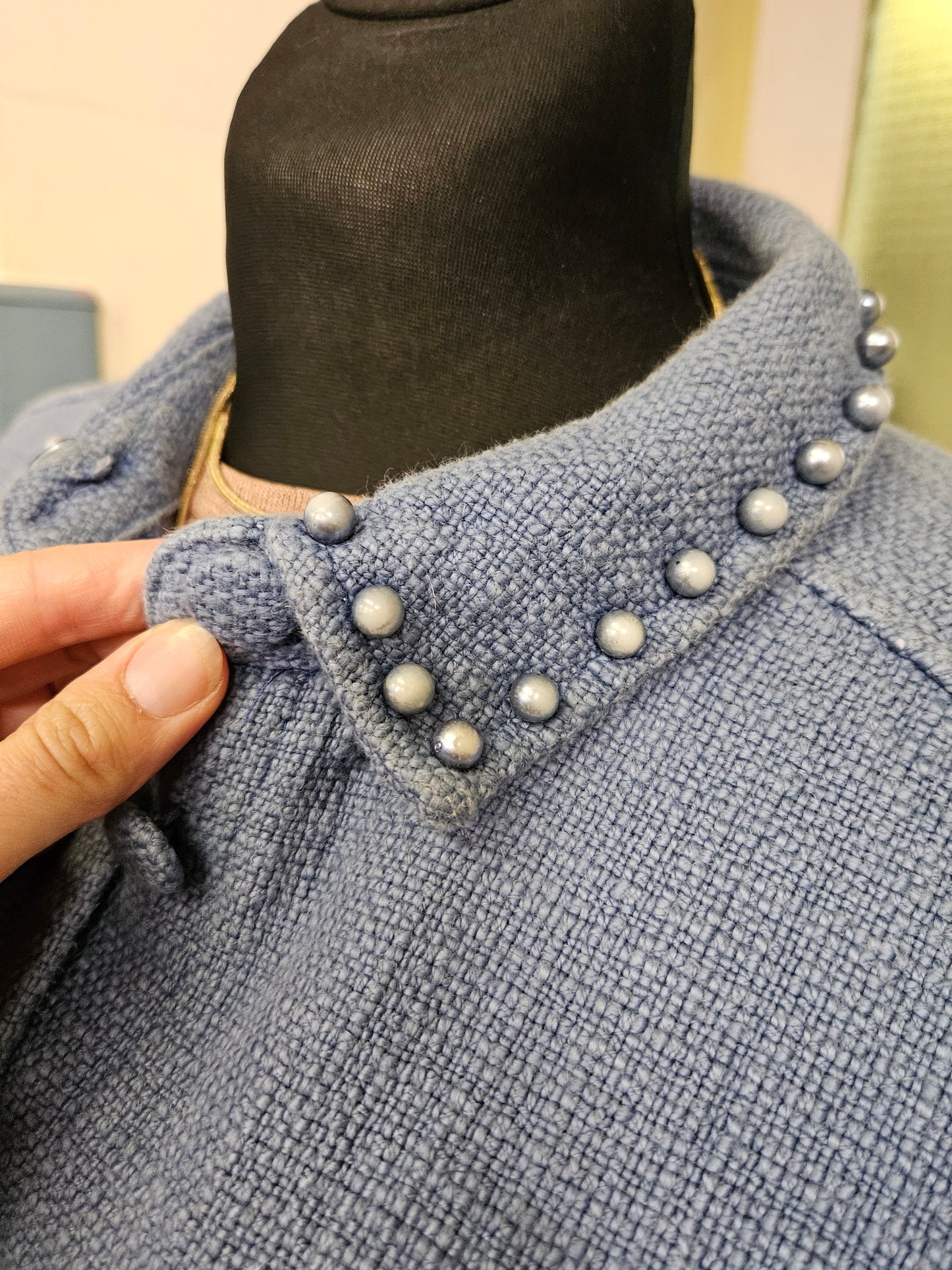 Gallery, 100% cotton, blue jacket with pearls on the collar, size M