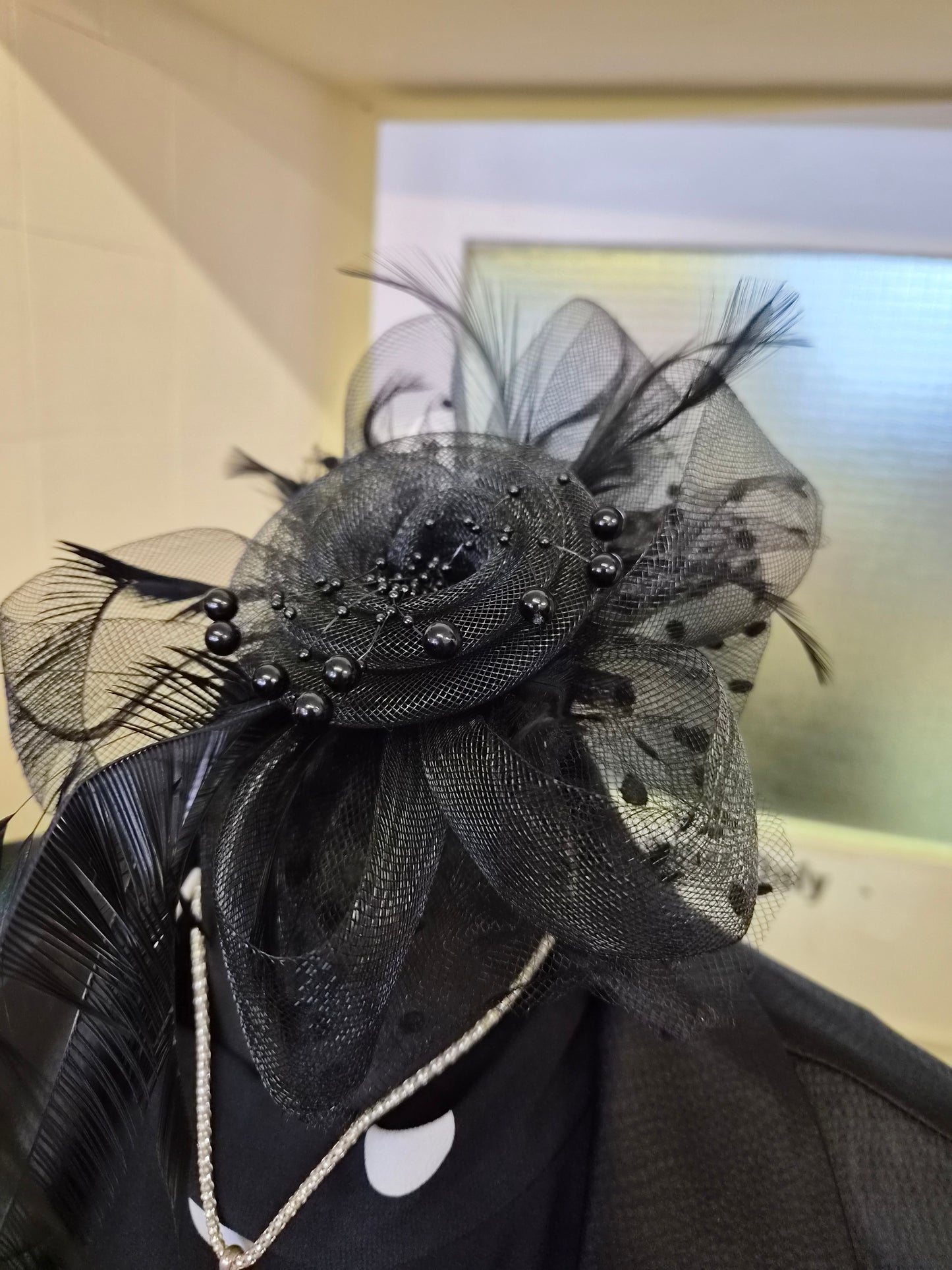 Black, tulle/flower headpiece