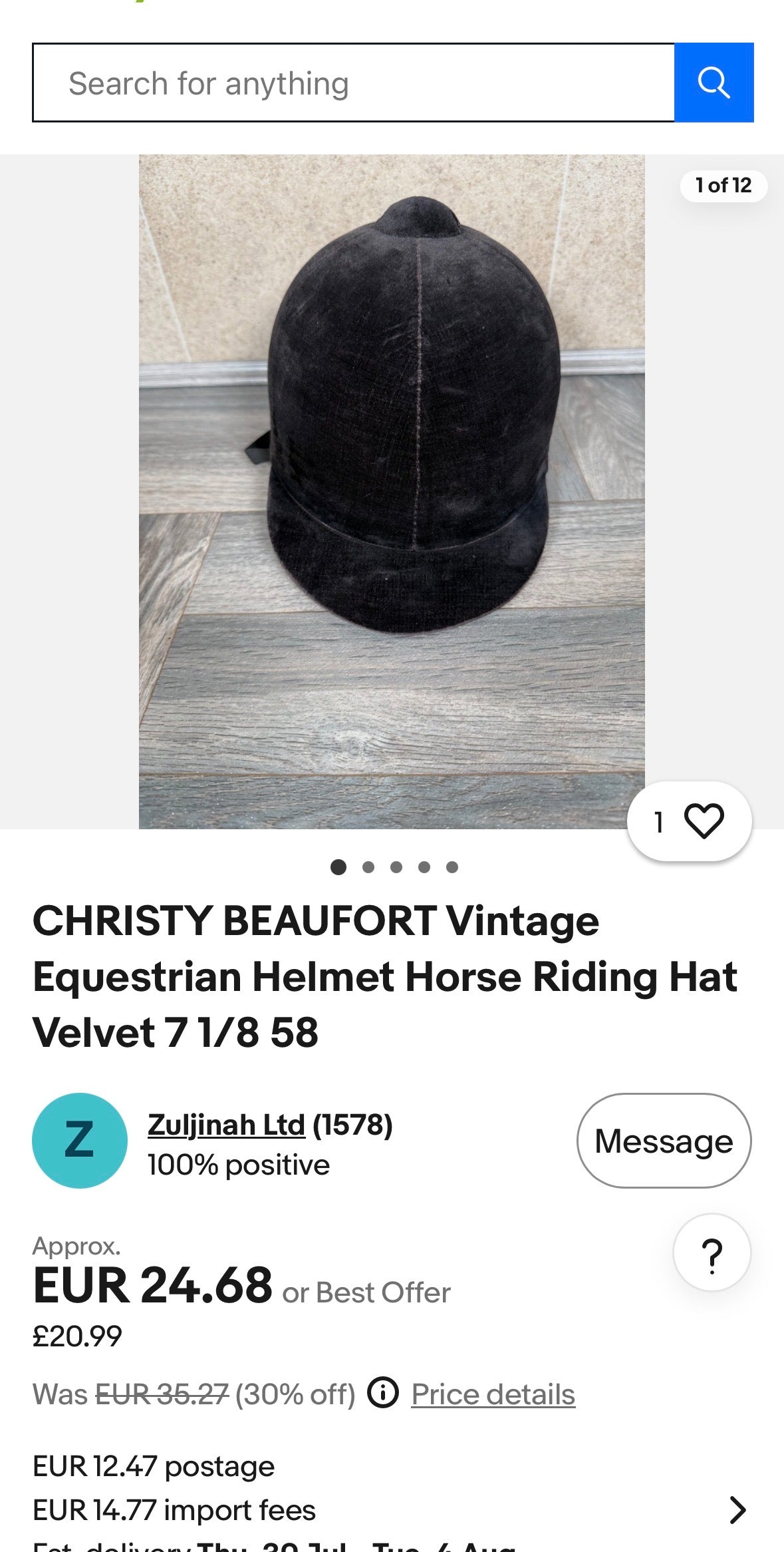 Christy Vintage Velvet Riding Helmet Size 7 (57)