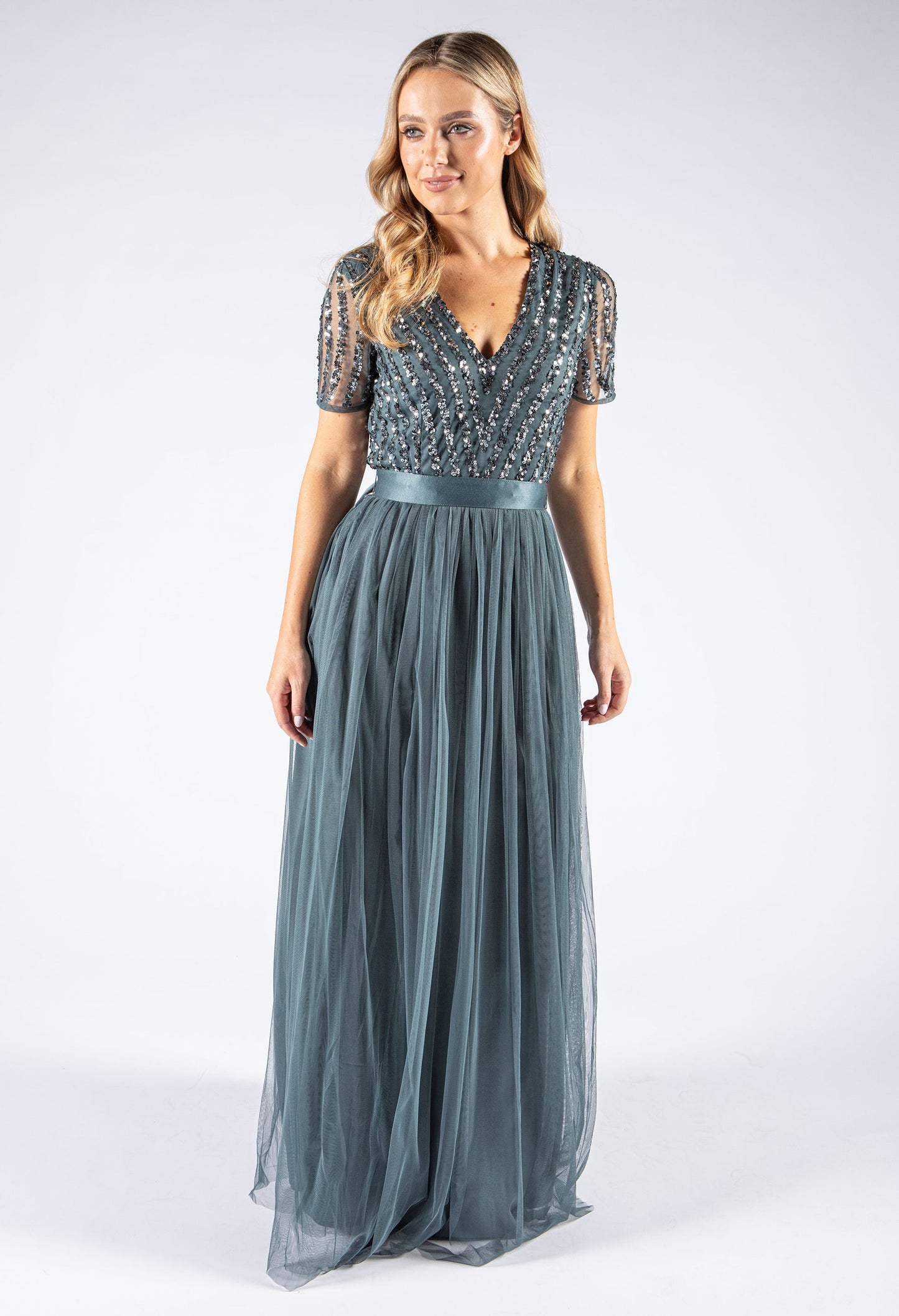 Maya Dusty Teal V Neck Sequin and Tulle Dress with Tie Waist, size 8