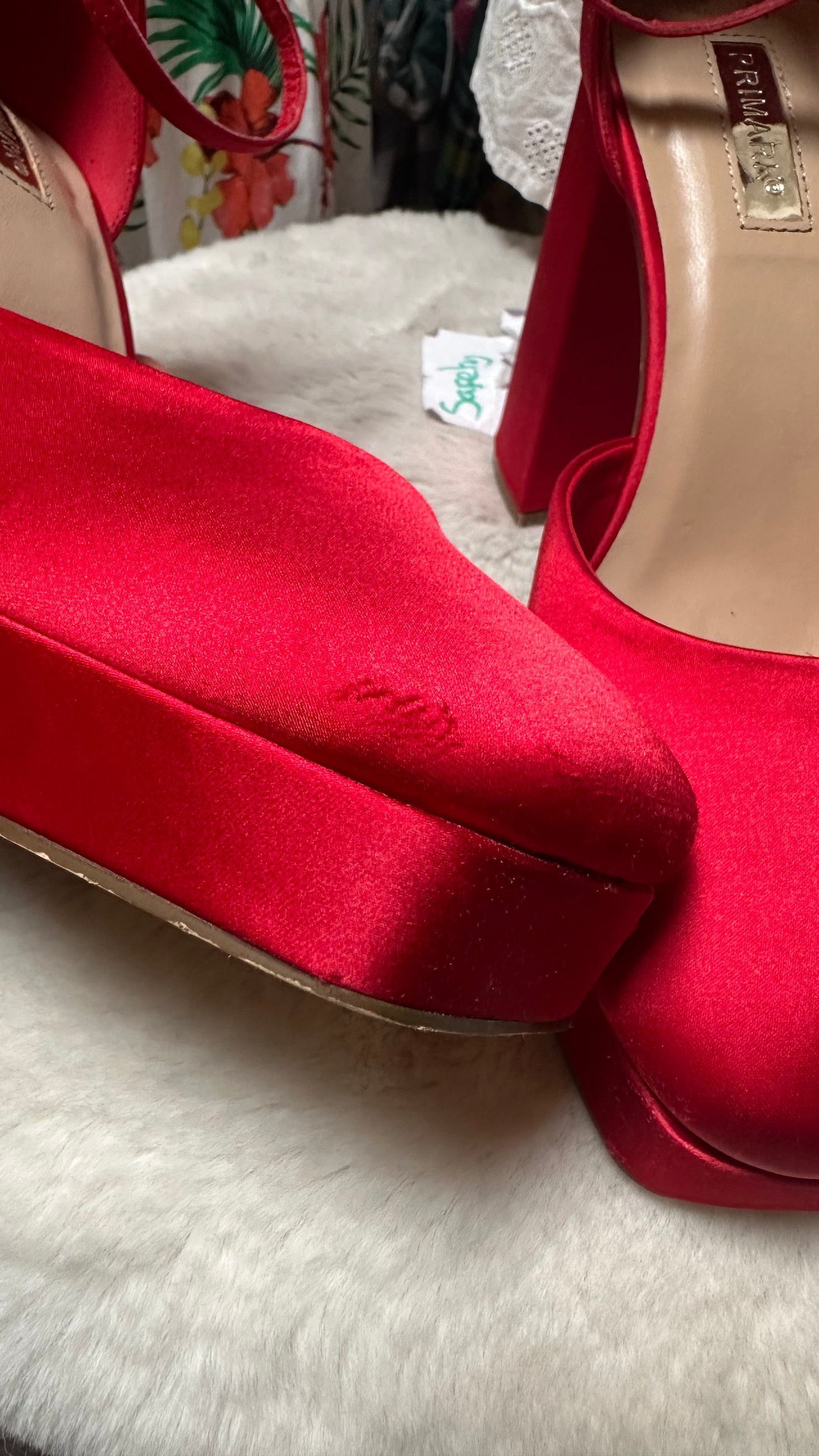 Primark Red Satin Platforms Size 7 (Small Mark on tie, see last photo)
