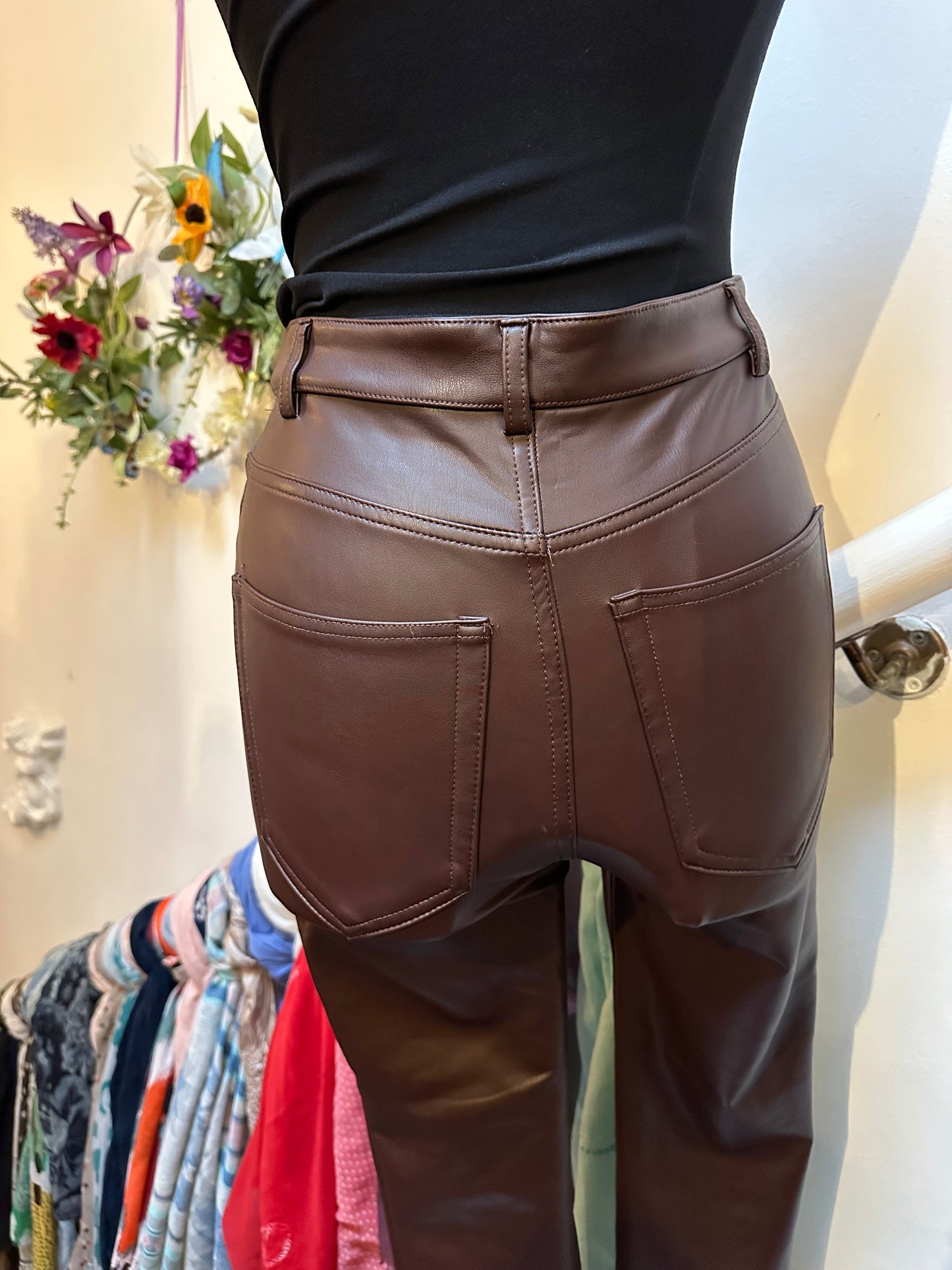 Pull & Bear Burgundy/Chocolate PU Leather Trousers Size 8