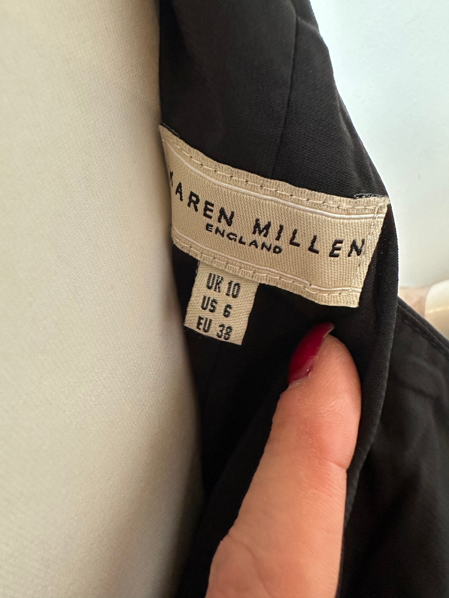 Designer Karen Millen Black Square Neckline Dress with Maxi Bow Detail Snug Size 10