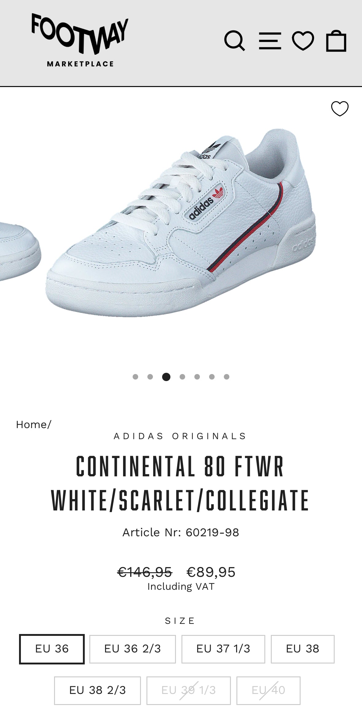 Adidas Continental 80 Leather Trainers Size 7 (insoles missing)