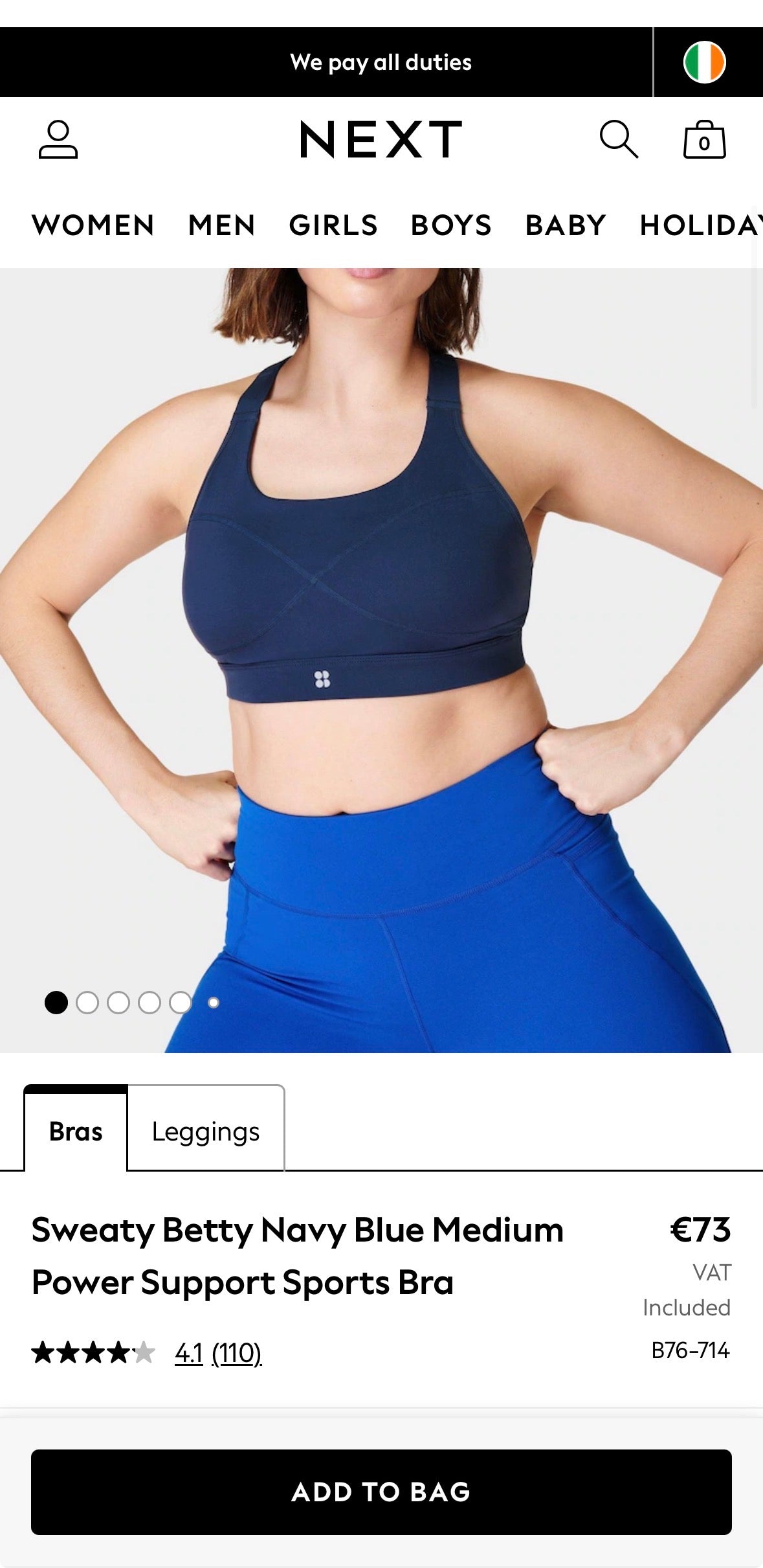 Sweaty Betty Navy Sports Bra New with Tags Size 38D RRP €75!!