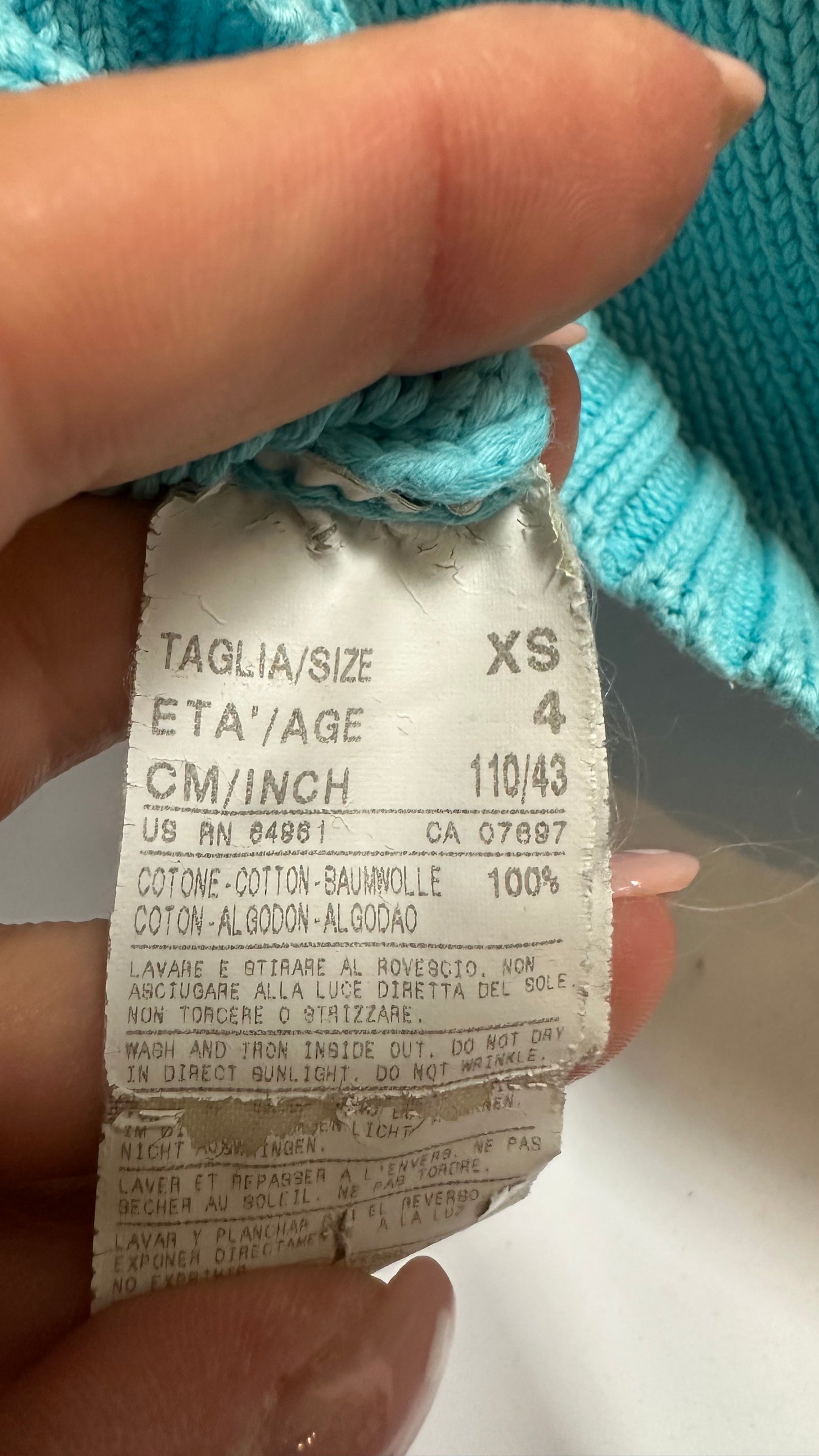 United Colors of Benetton Turquoise Knitted Sweater 100% Cotton Age 4