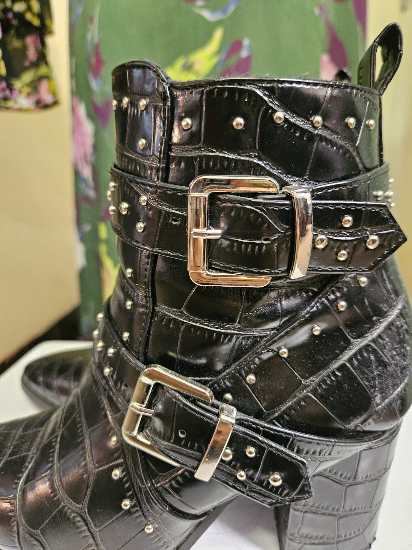 Celya, black studded boots, size 3