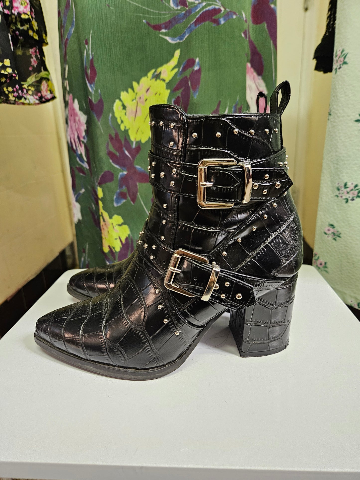 Celya, black studded boots, size 3