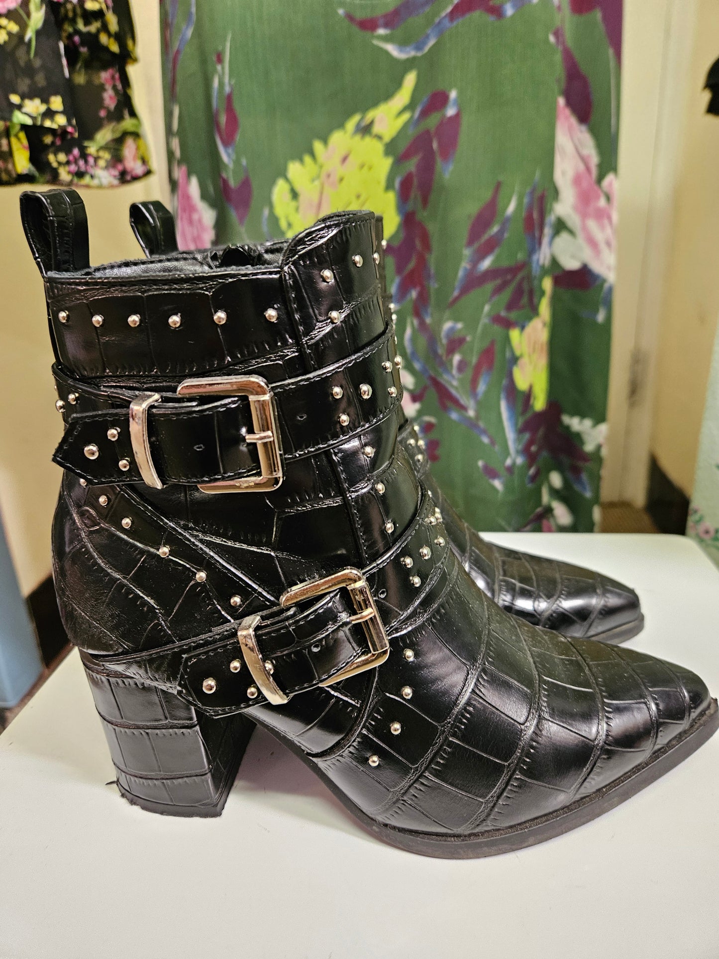 Celya, black studded boots, size 3