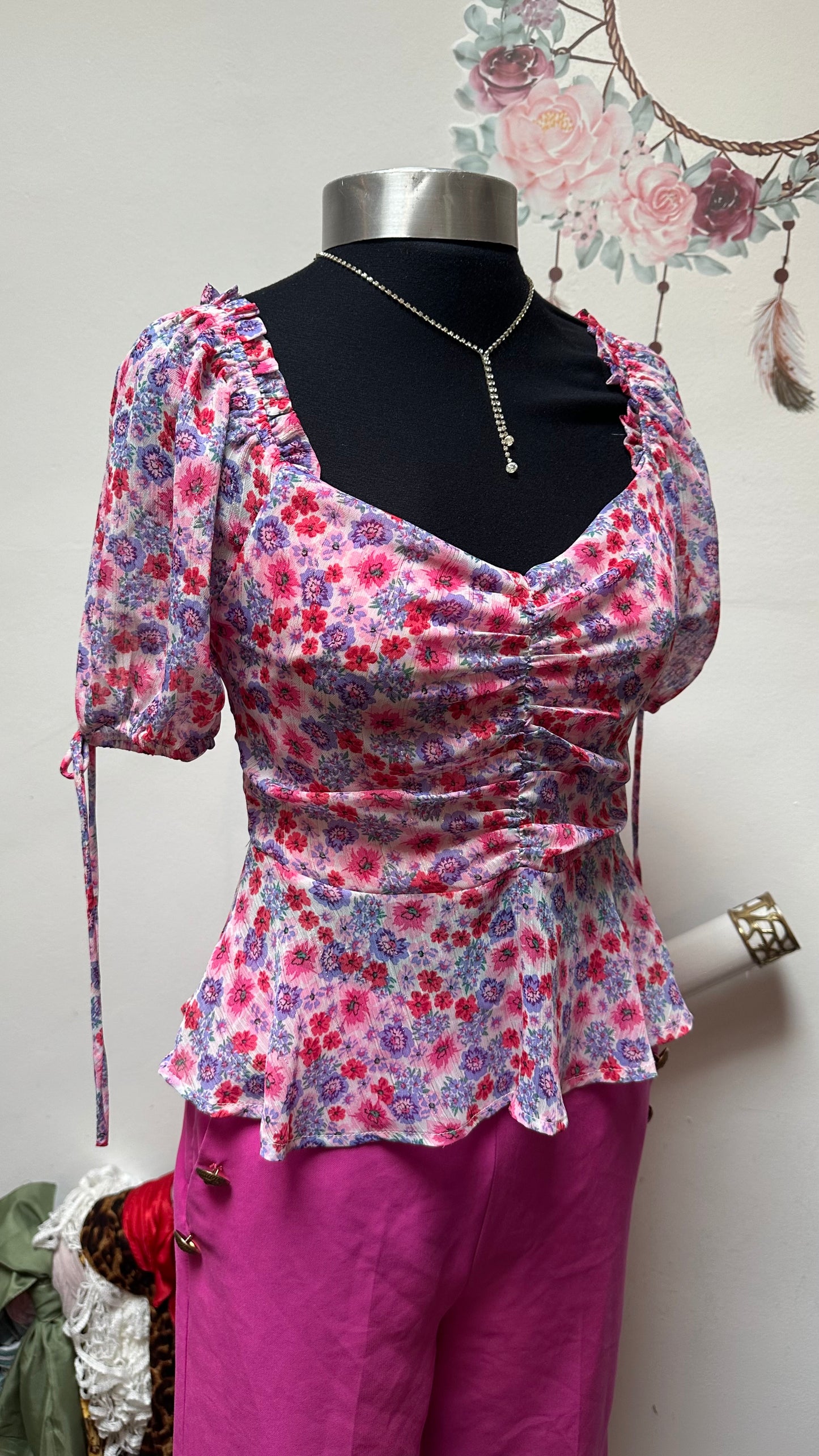 Pink Floral Sweetheart Top Size 8