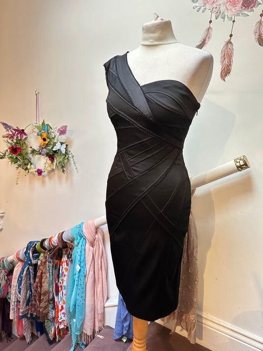 Designer Karen Millen Black One Shoulder Statement Dress Size 8