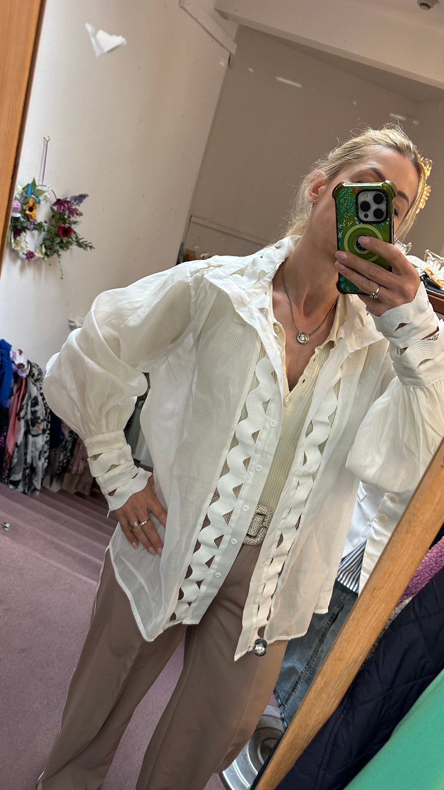 Eccentric White Semi-Sheer Blouse with Zip Cuffs Size L