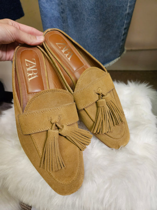 Zara, brown, suede, slide on loafers, size 7