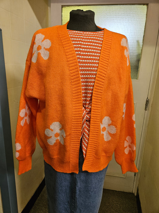 Shein, orange/white flowers cardigan, size XL