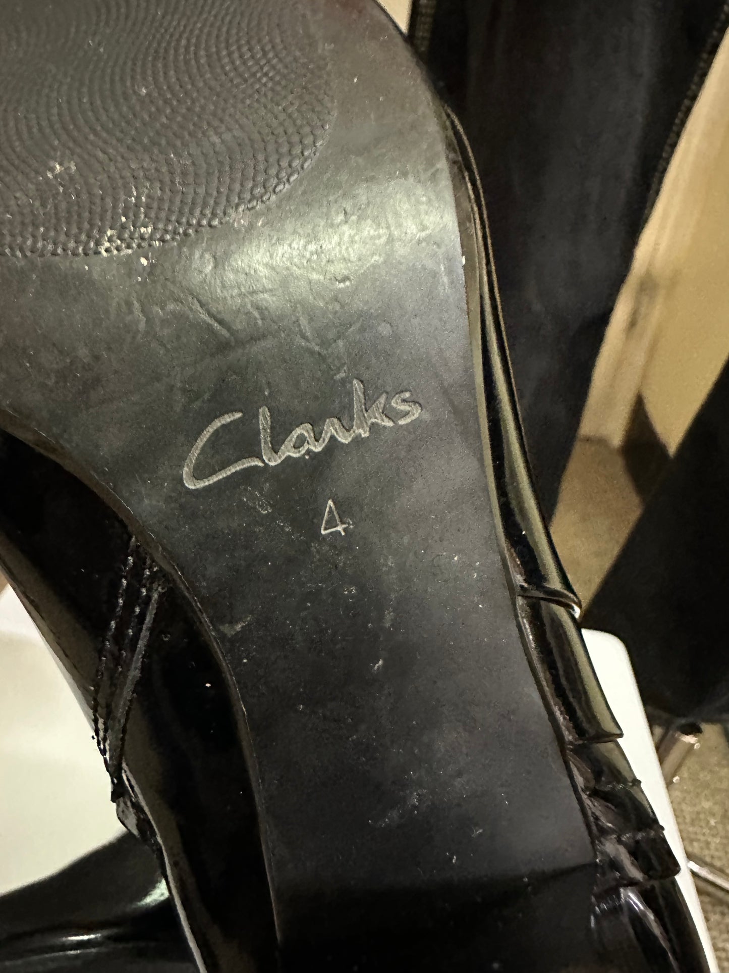 Clarks Patent Low Heel Boots Size 4 (signs of wear on the inside of one boot (see last photo)
