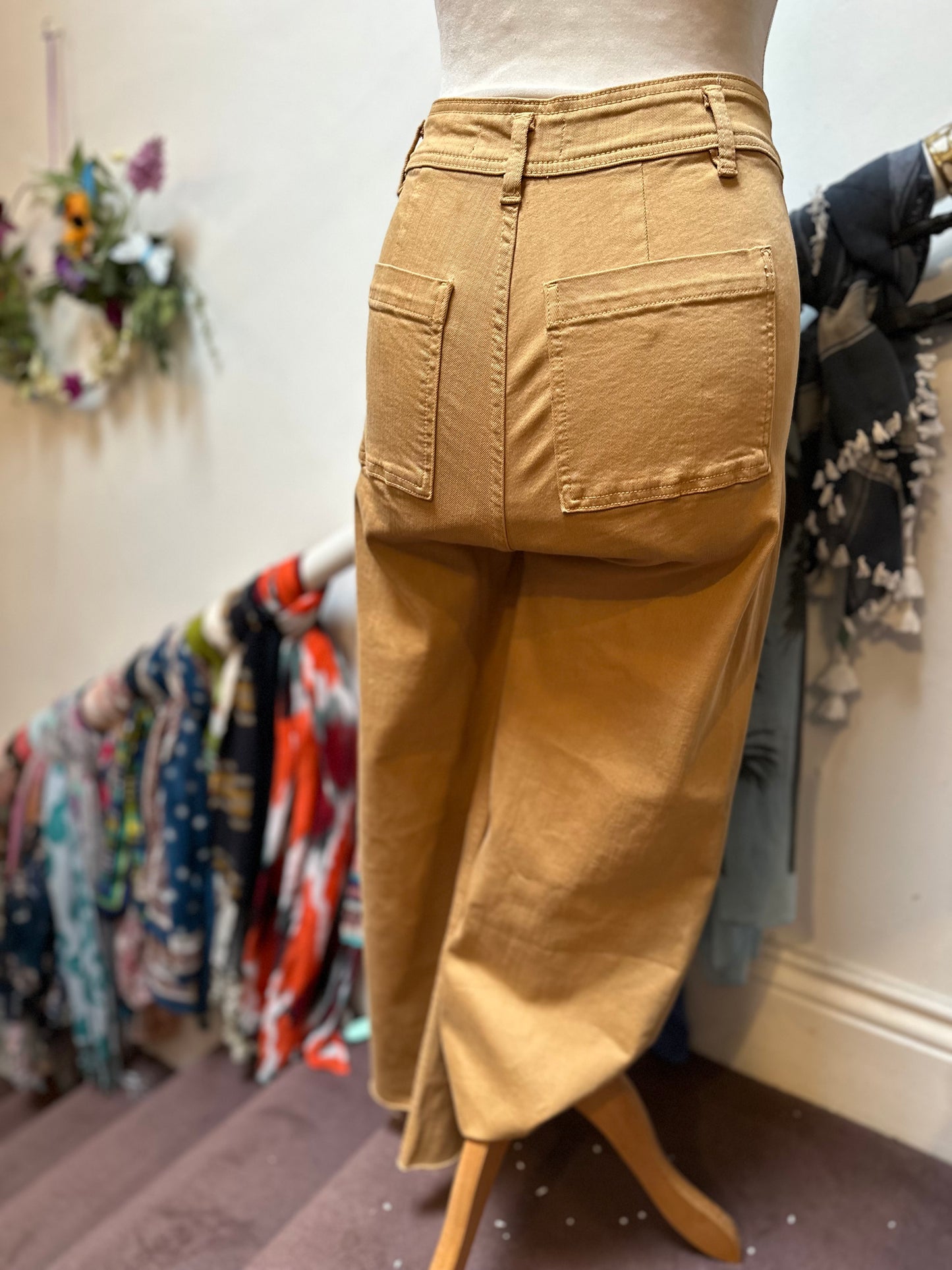 Denim Co Tan Fray Cropped Wide Leg Jeans Size 8 Stretchy