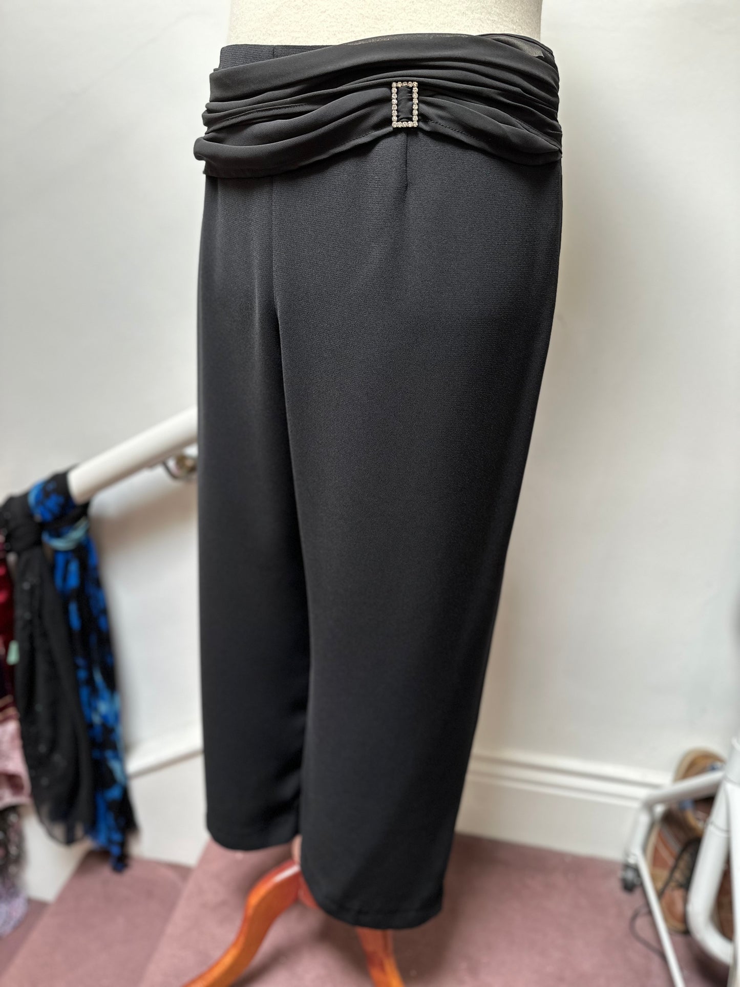 Eastex Black Wide Leg Trousers with Diamente Detail, Size 22