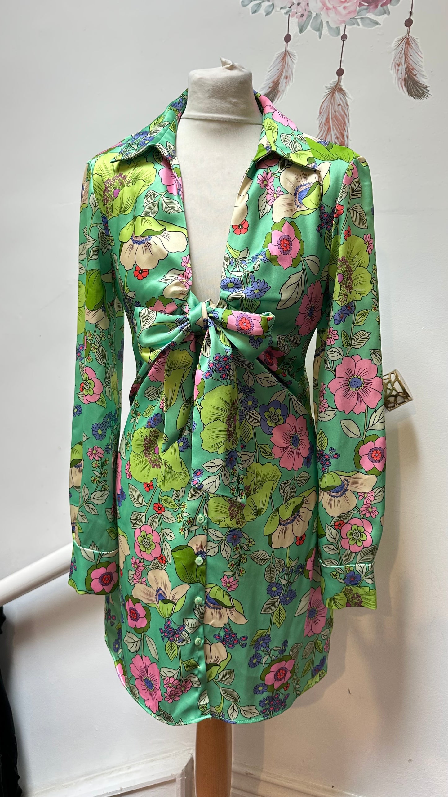 Zara Green Floral Satin Dress Size M (small fitting)