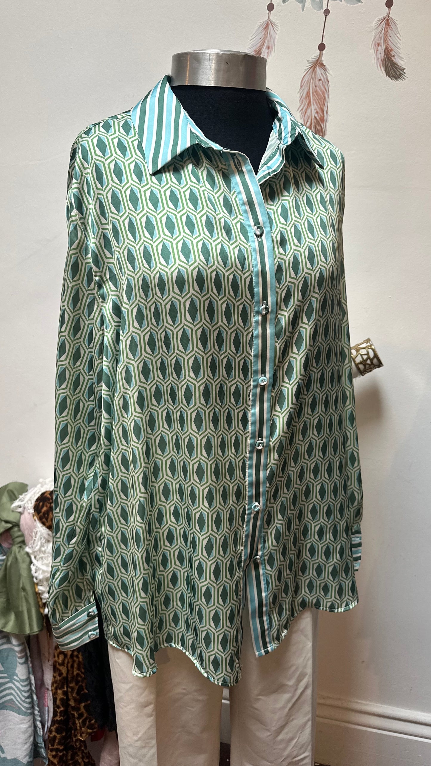 Gallery Elegant Duck Egg Pattern Blouse Size 12