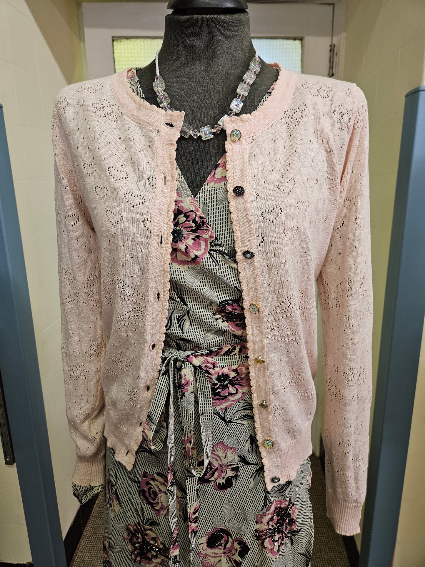 Yumi, 77%cotton,pink cardigan with different buttons, size 8