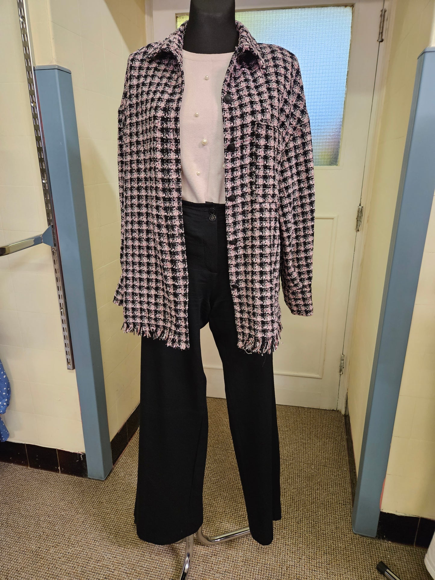 Primark, pink and black check, raw edges jacket, size 12