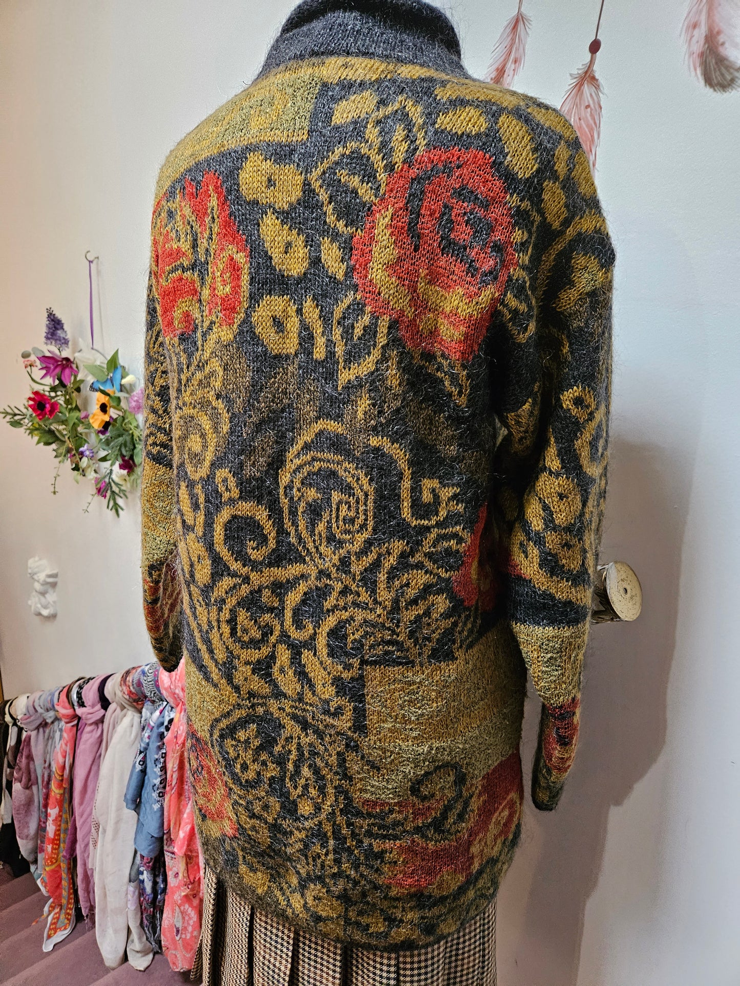 BHS vintage rose/flower knitted long jumper, mohair/acrylic/wool, size 10-12