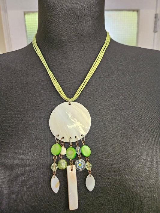 Ethnic style necklace, green lace, white and green beads