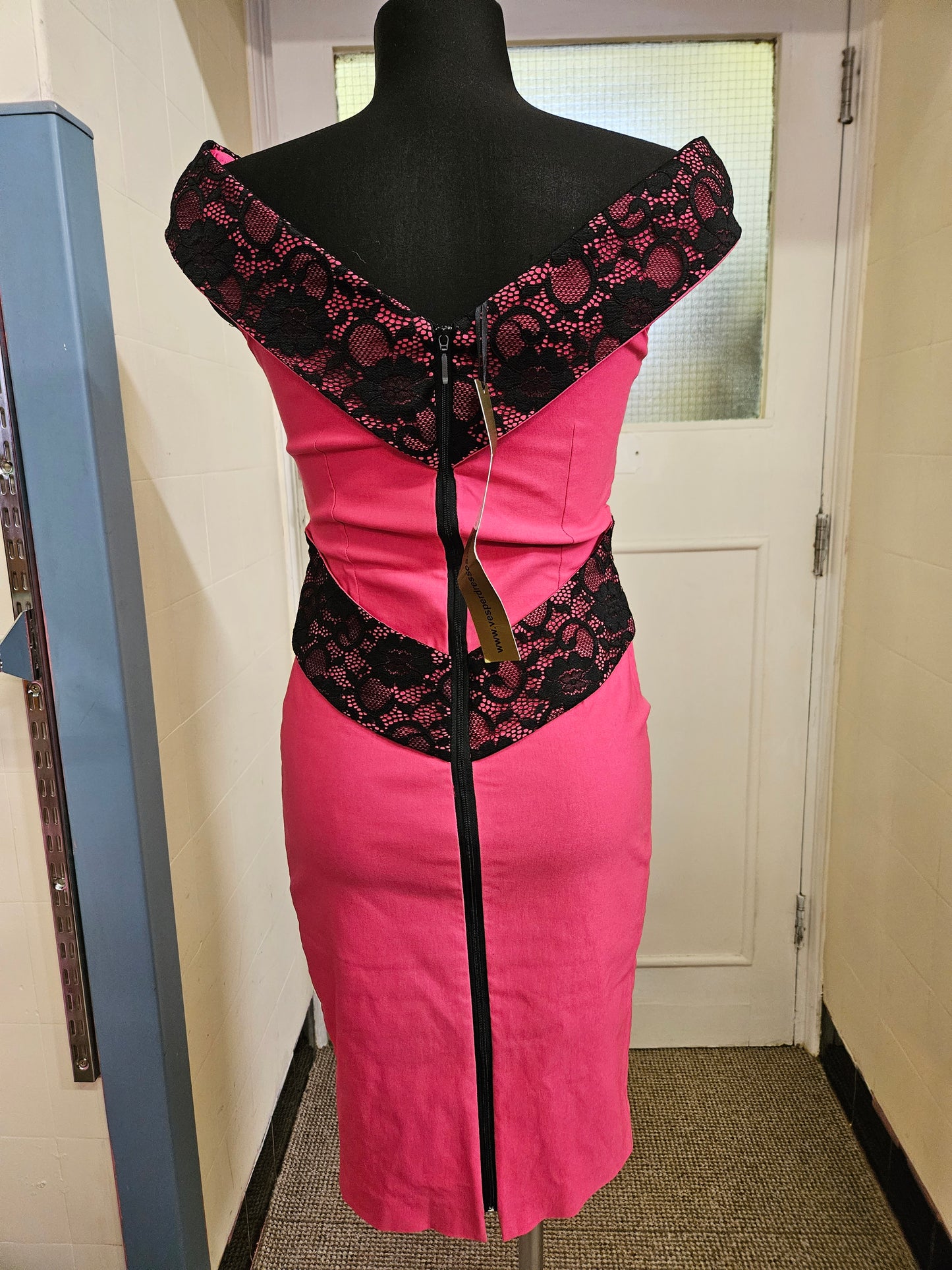 Vesper, new bright pink dress with black lace detail, zip through the back,size 10 (rrp 58£)