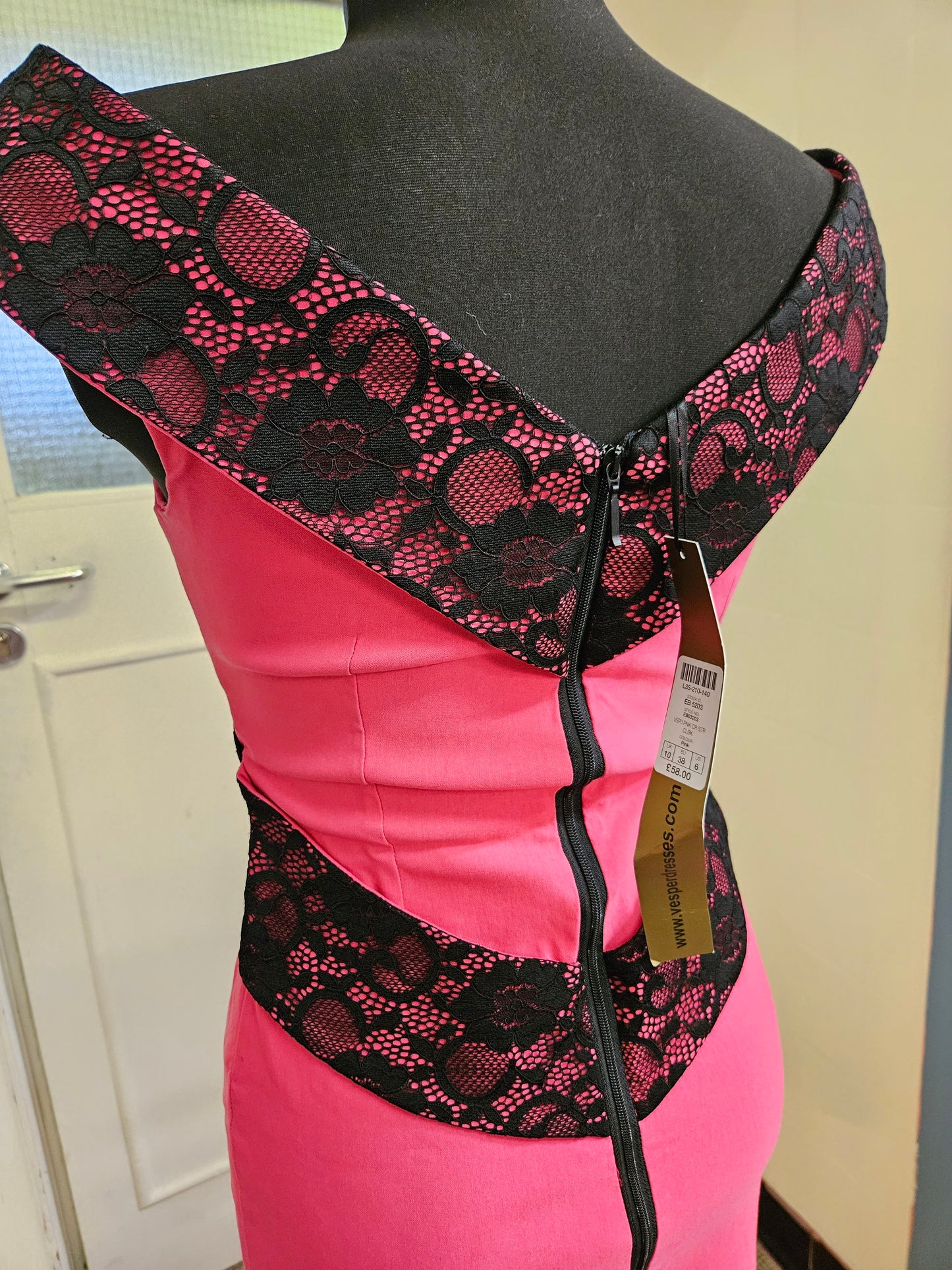 Vesper, new bright pink dress with black lace detail, zip through the back,size 10 (rrp 58£)