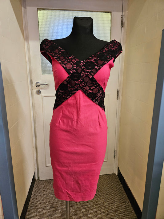 Vesper, new bright pink dress with black lace detail, zip through the back,size 10 (rrp 58£)