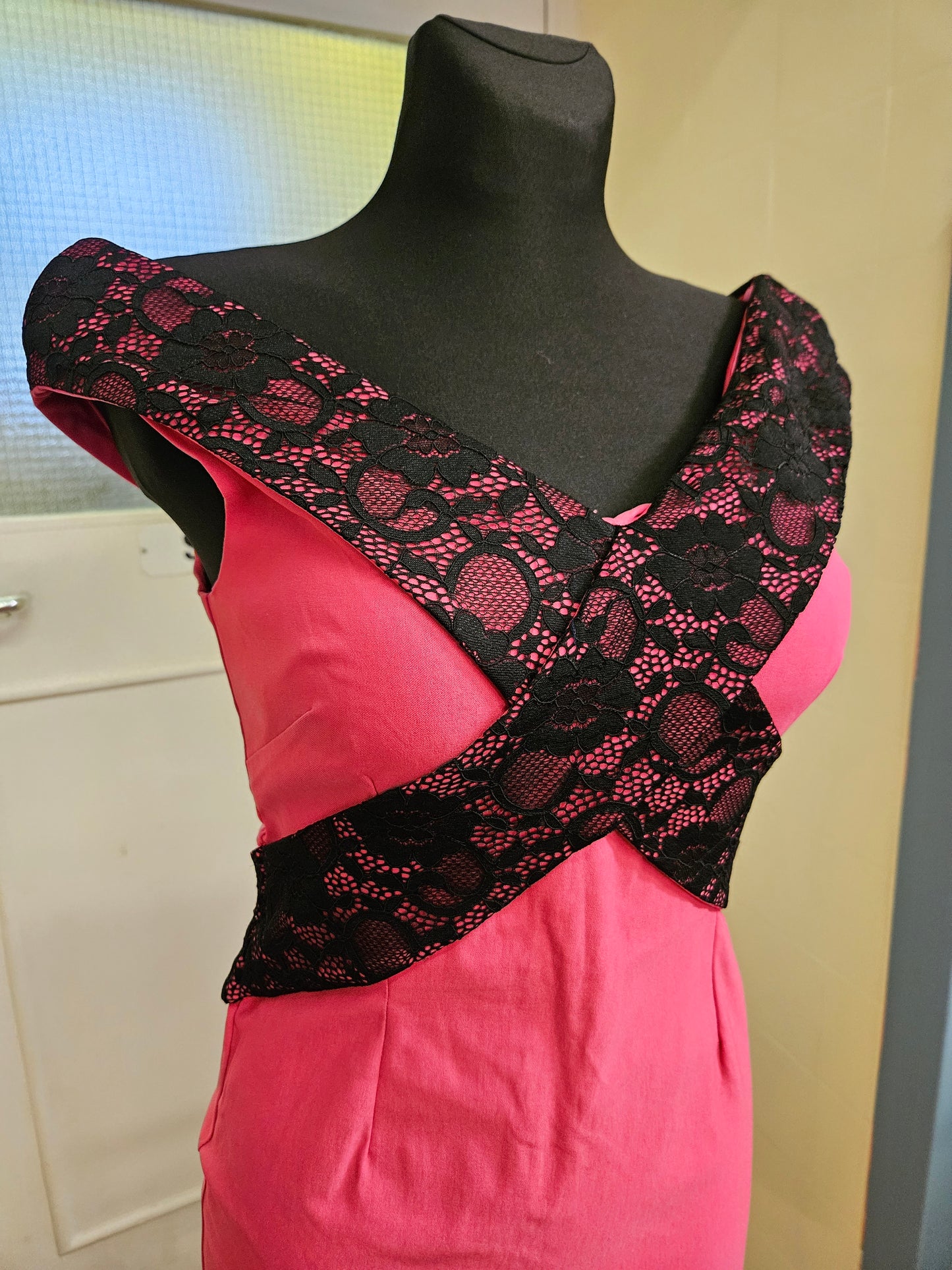 Vesper, new bright pink dress with black lace detail, zip through the back,size 10 (rrp 58£)