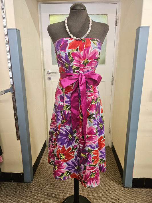 Debut, flower print dress with pink belt,size 16